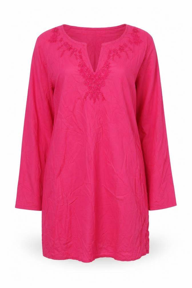 Front view of Cherokee women’s pink cotton a-line, size M, v-neck pullover