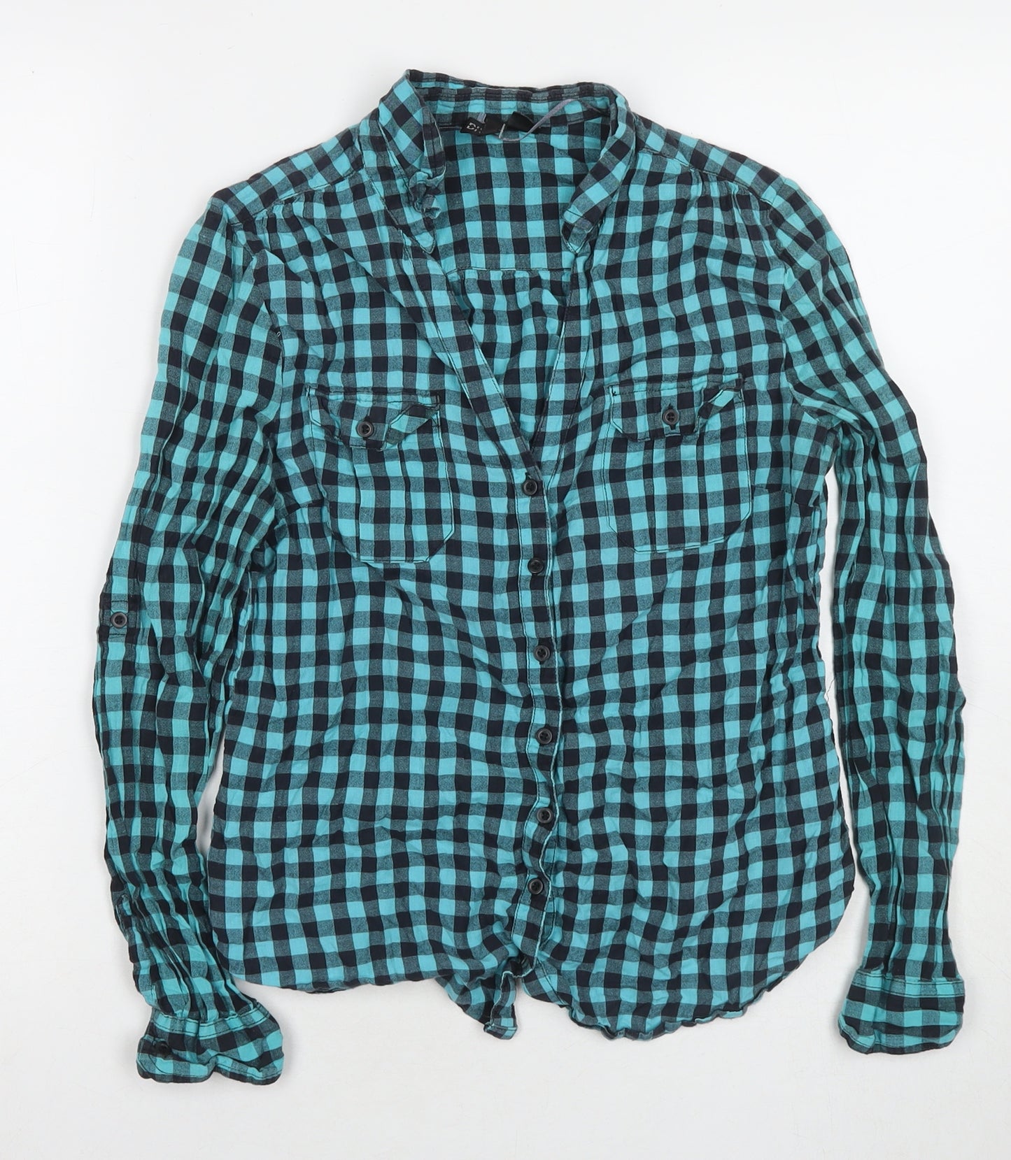 Divided by H&M Womens Blue Check Cotton Basic Button-Up Size 16 Collared