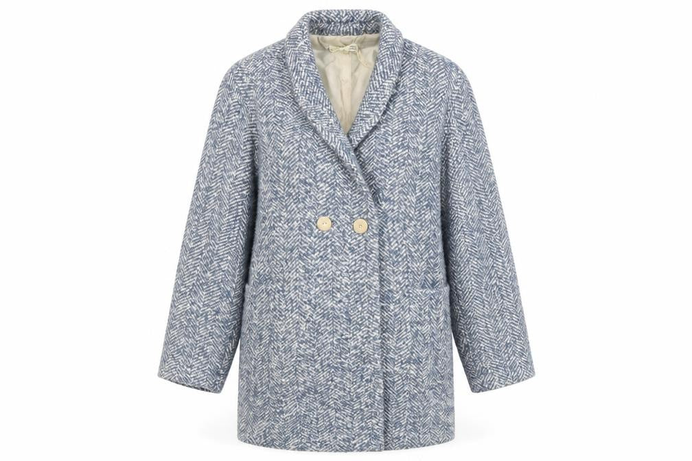 Front view of Mango women’s blue overcoat coat, size S, button