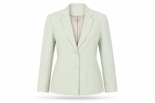 Front view of J.Taylor women’s green jacket blazer, size UK 12, button