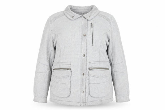 Front view of Next women’s grey geometric jacket, size UK 18, zip