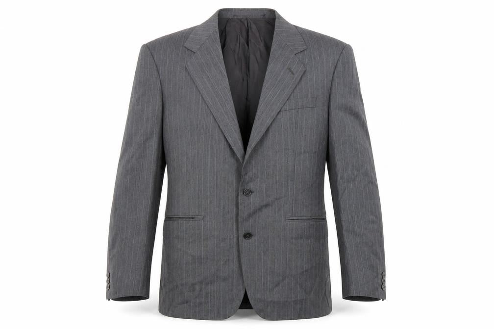 Front view of Marks & Spencer men’s grey striped polyester jacket suit jacket, size 42, regular