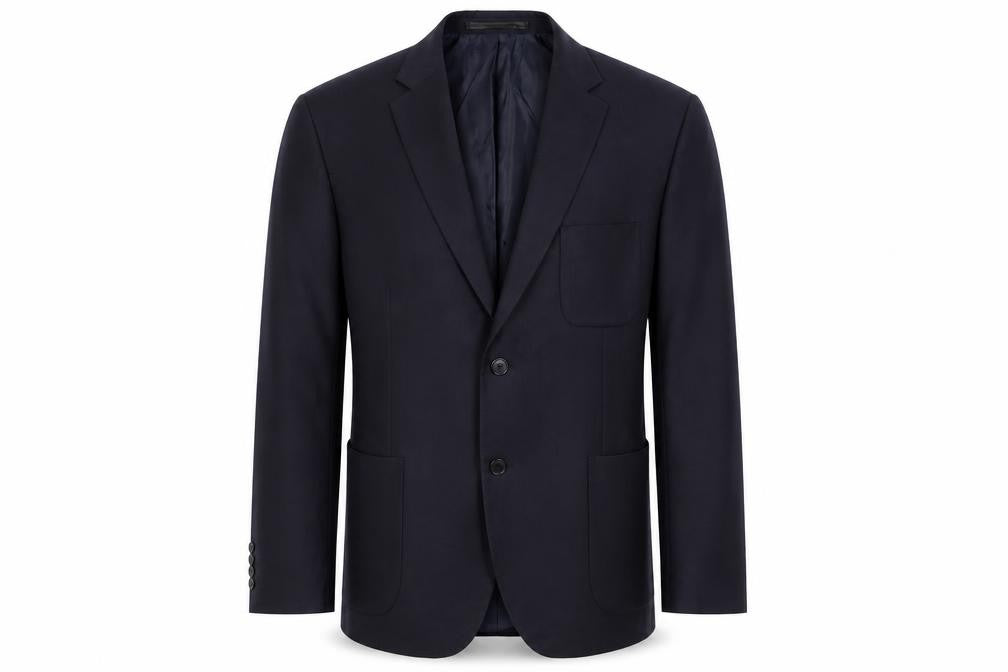 Front view of Marks & Spencer men’s blue polyester jacket suit jacket, size 42, regular