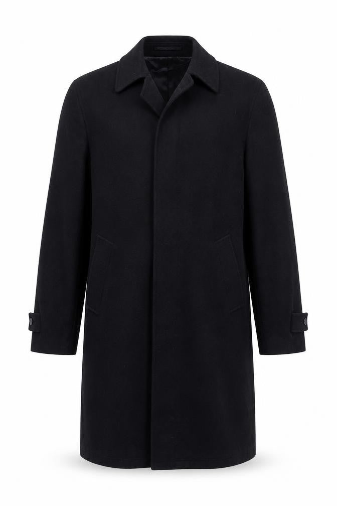 Front view of IMC men’s black overcoat coat, size L, button