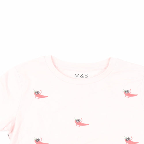 Marks and Spencer Girls Pink Geometric Cotton Pullover T-Shirt Size 8-9 Years Crew Neck Pullover - Chilli Peppers Print