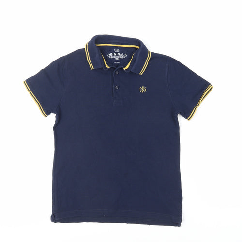 Marks and Spencer Boys Blue Cotton Pullover Polo Size 9-10 Years Collared Button - Contrasting Trim