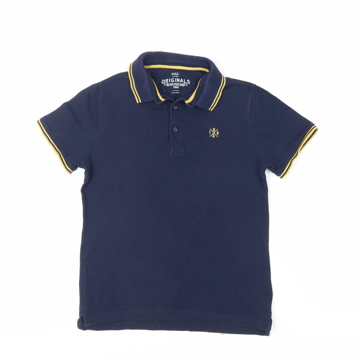 Marks and Spencer Boys Blue Cotton Pullover Polo Size 9-10 Years Collared Button - Contrasting Trim