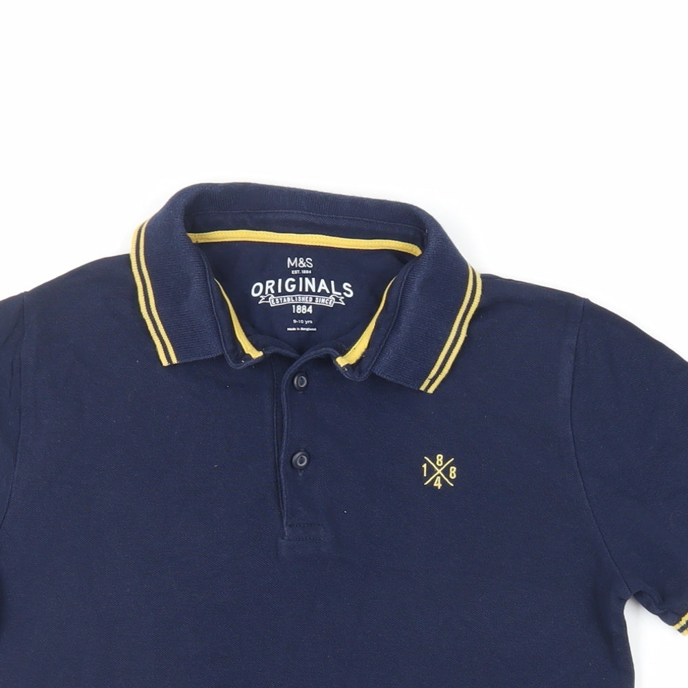 Marks and Spencer Boys Blue Cotton Pullover Polo Size 9-10 Years Collared Button - Contrasting Trim