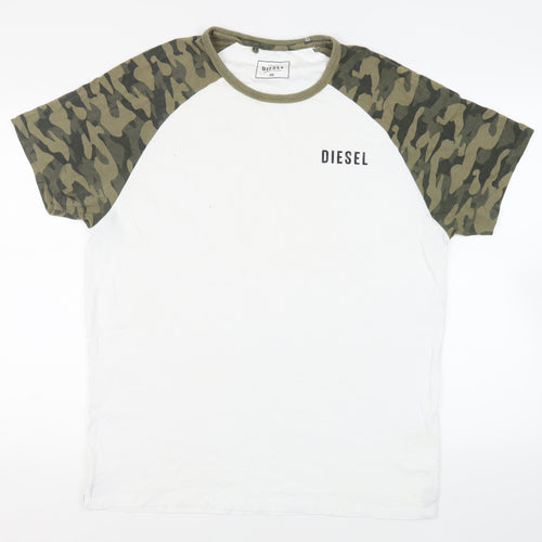 Diesel Mens White Camouflage Cotton T-Shirt Size 2XL Crew Neck