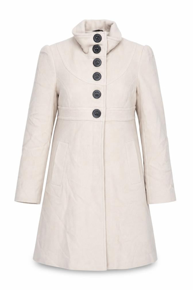Front view of Next women’s beige pea coat coat, size UK 10, button