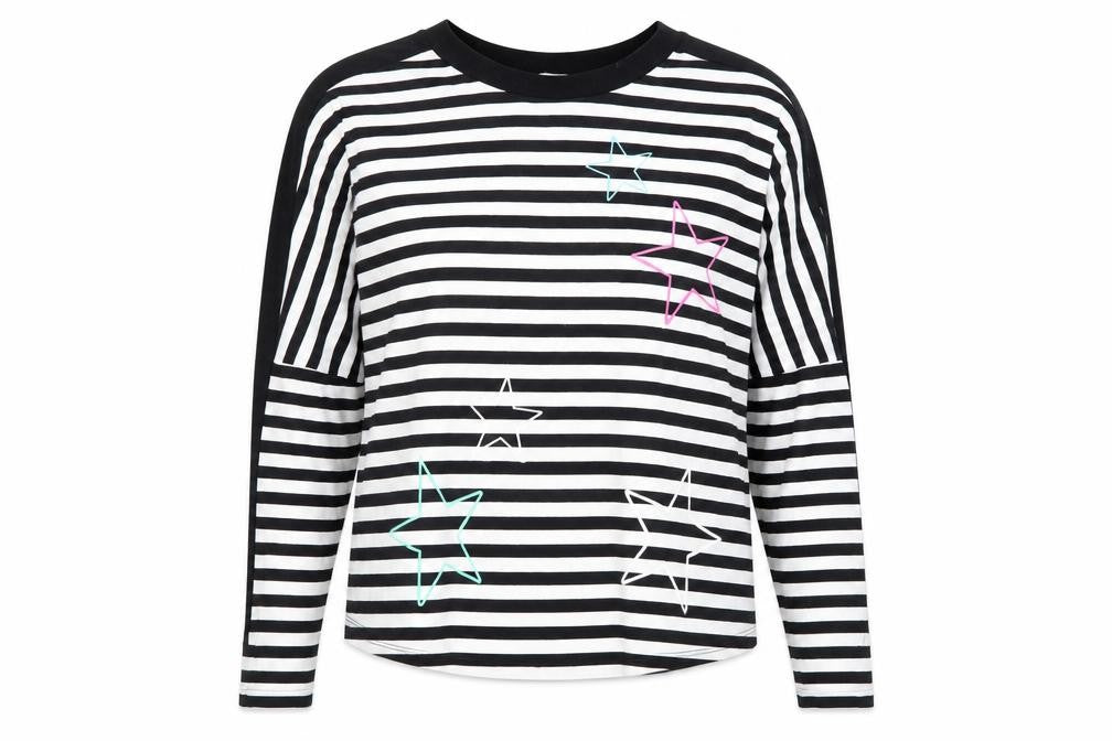Front view of Next women’s black striped cotton basic t-shirt, size M, crew neck