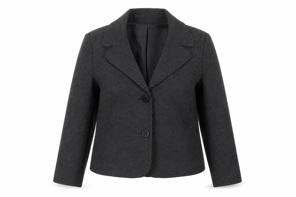 Front view of Alex & Co women’s black polka dot jacket blazer, size UK 16, button