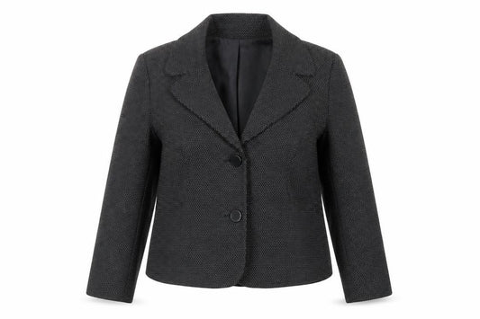 Front view of Alex & Co women’s black polka dot jacket blazer, size UK 16, button