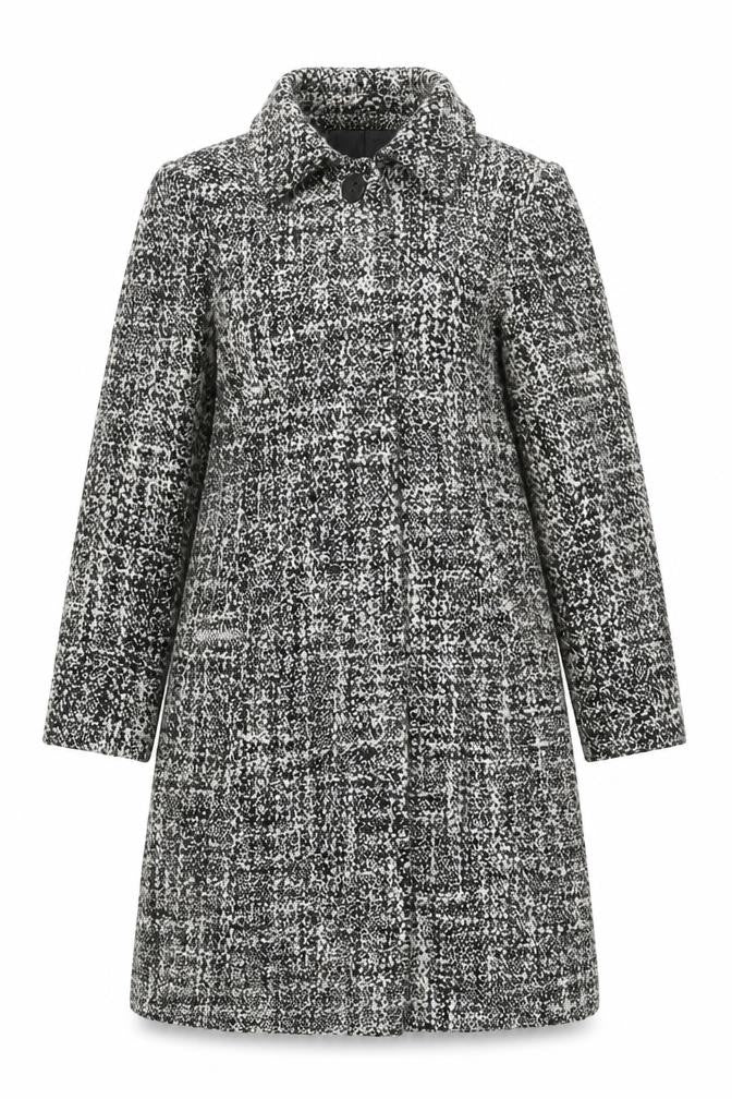 Front view of Yazz women’s black overcoat coat, size UK 12, button