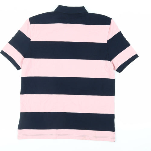 Marks and Spencer Mens Pink Striped Cotton Polo Size M Collared Button