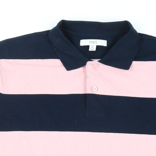 Marks and Spencer Mens Pink Striped Cotton Polo Size M Collared Button