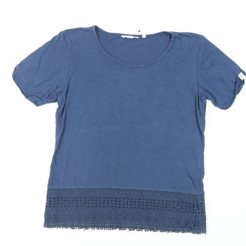 One Earth Womens Blue Cotton Basic T-Shirt Size 14 Round Neck - Embroidered Detail