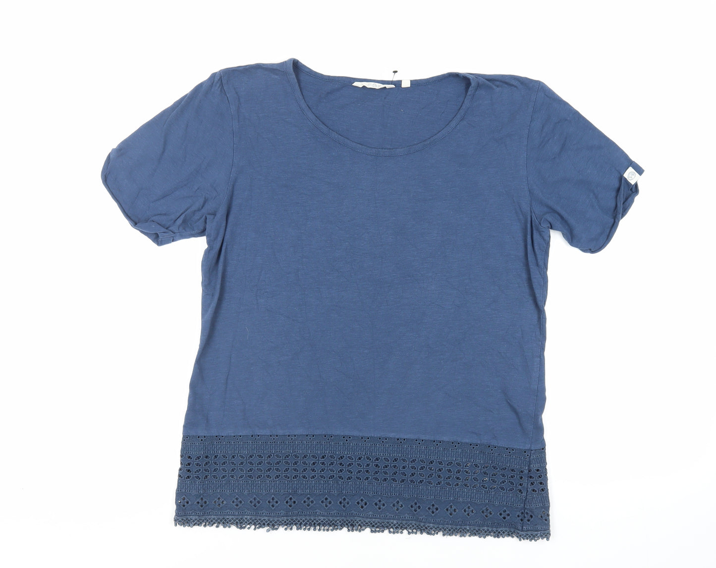 One Earth Womens Blue Cotton Basic T-Shirt Size 14 Round Neck - Embroidered Detail