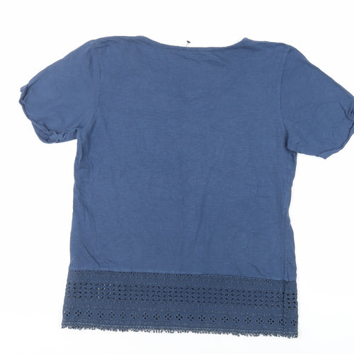 One Earth Womens Blue Cotton Basic T-Shirt Size 14 Round Neck - Embroidered Detail