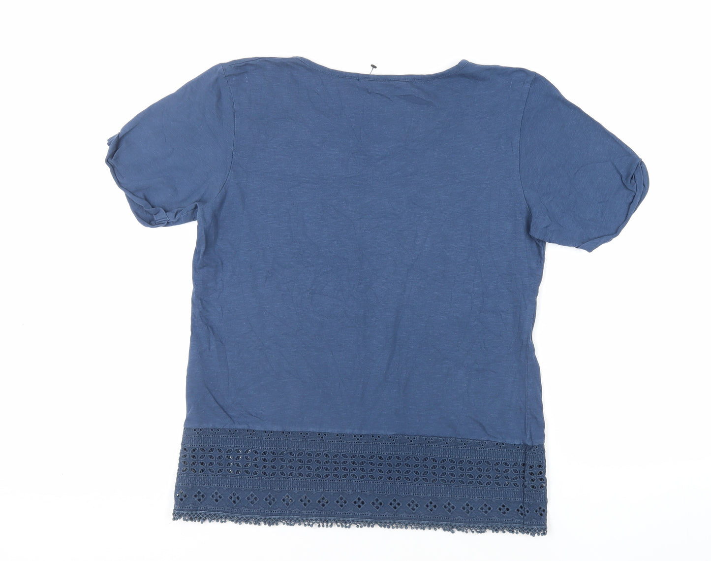One Earth Womens Blue Cotton Basic T-Shirt Size 14 Round Neck - Embroidered Detail