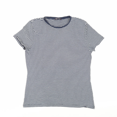 Marks and Spencer Womens Blue Striped Cotton Basic T-Shirt Size 14 Crew Neck