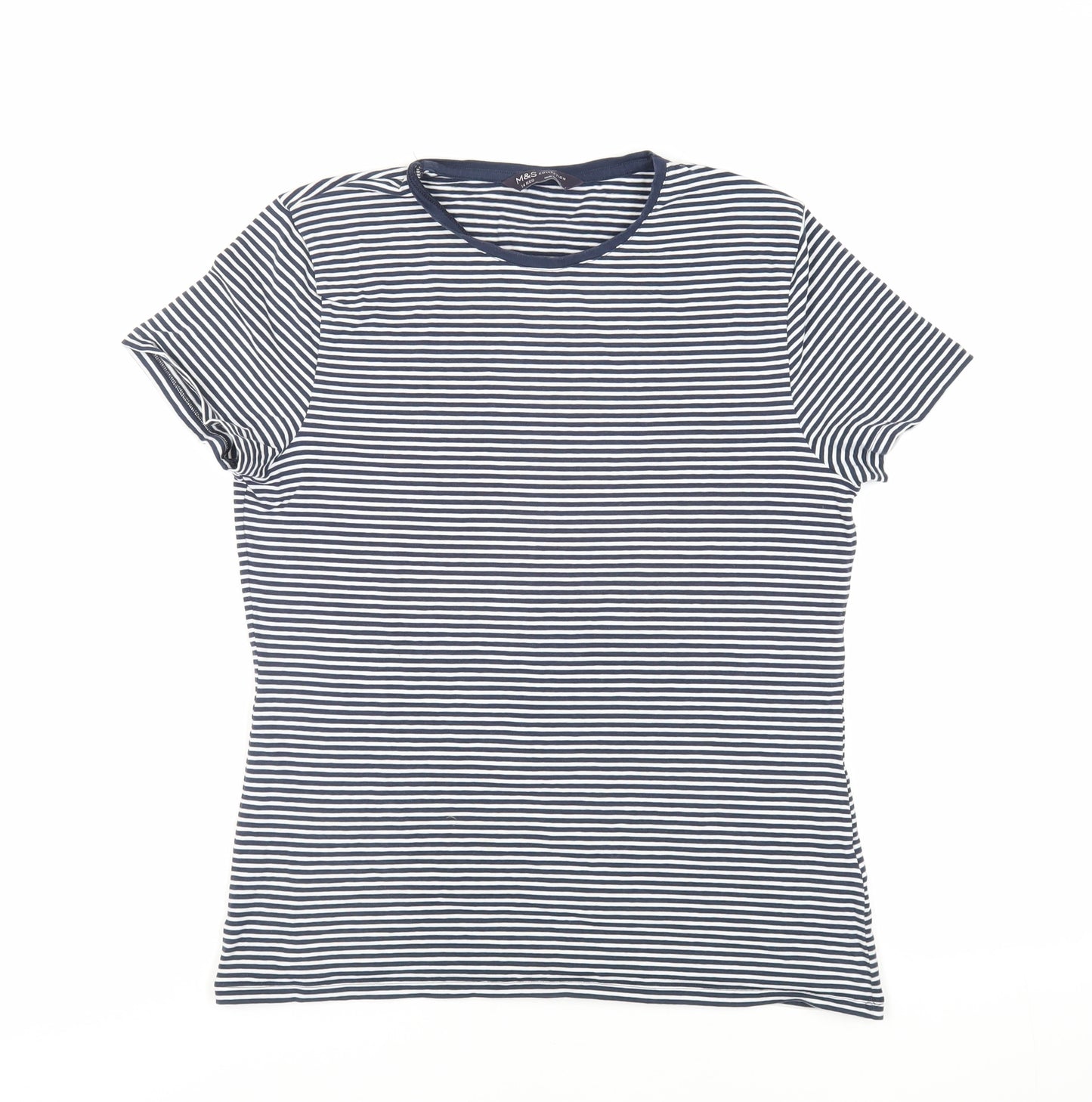 Marks and Spencer Womens Blue Striped Cotton Basic T-Shirt Size 14 Crew Neck