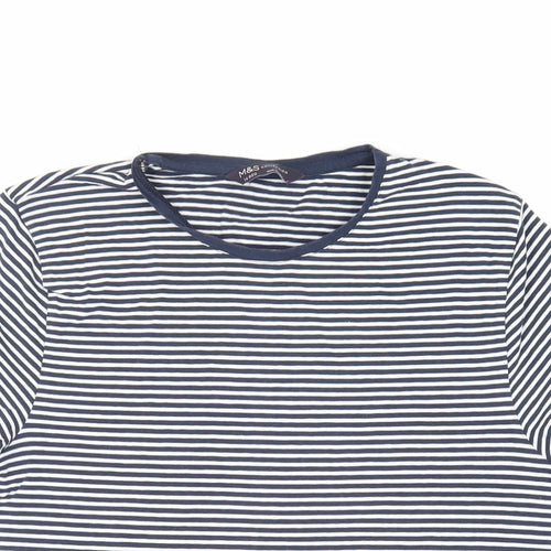 Marks and Spencer Womens Blue Striped Cotton Basic T-Shirt Size 14 Crew Neck