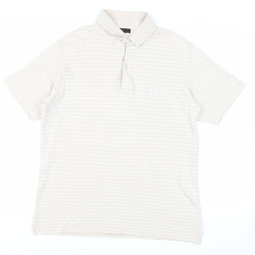 Trench Mens Beige Striped Cotton Polo Size L Collared Button