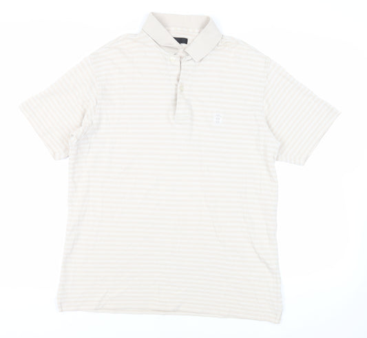 Trench Mens Beige Striped Cotton Polo Size L Collared Button