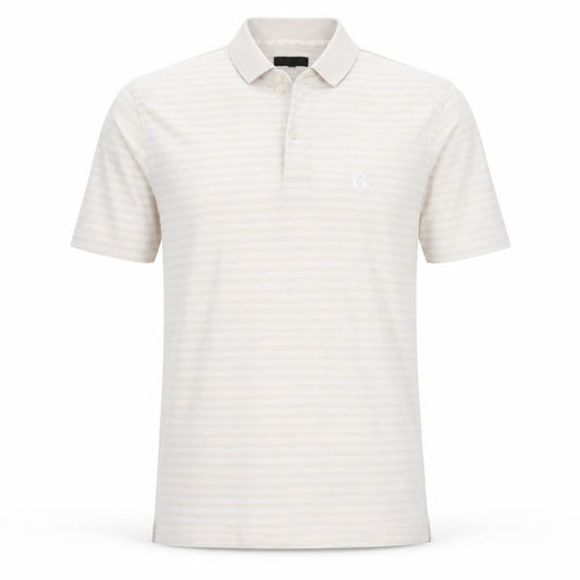 Front view of Trench men’s beige striped cotton polo, size L, collared button