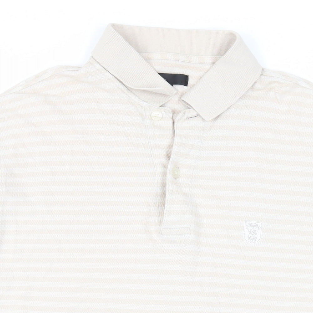 Trench Mens Beige Striped Cotton Polo Size L Collared Button