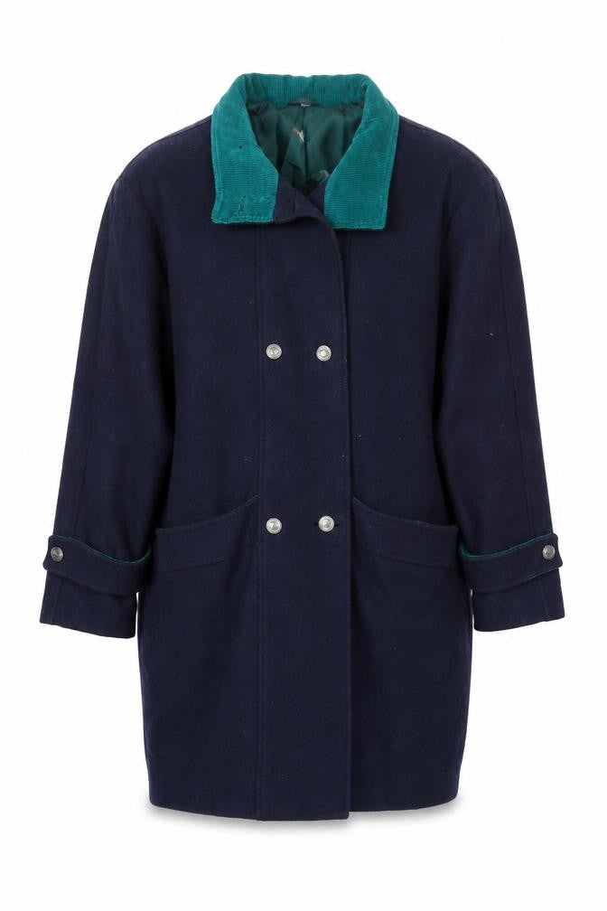 Front view of Miss Smith women’s blue overcoat coat, size UK 14, button - vintage
