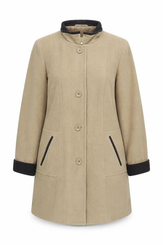 Front view of Debenhams women’s beige overcoat coat, size UK 18, button