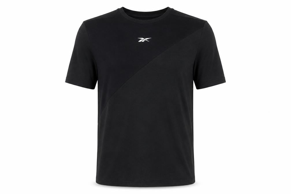 Front view of Reebok men’s black polyester t-shirt, size S, crew neck - logo