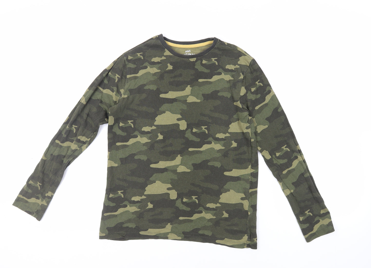 Marks and Spencer Boys Green Camouflage Cotton Pullover T-Shirt Size 13-14 Years Crew Neck Pullover