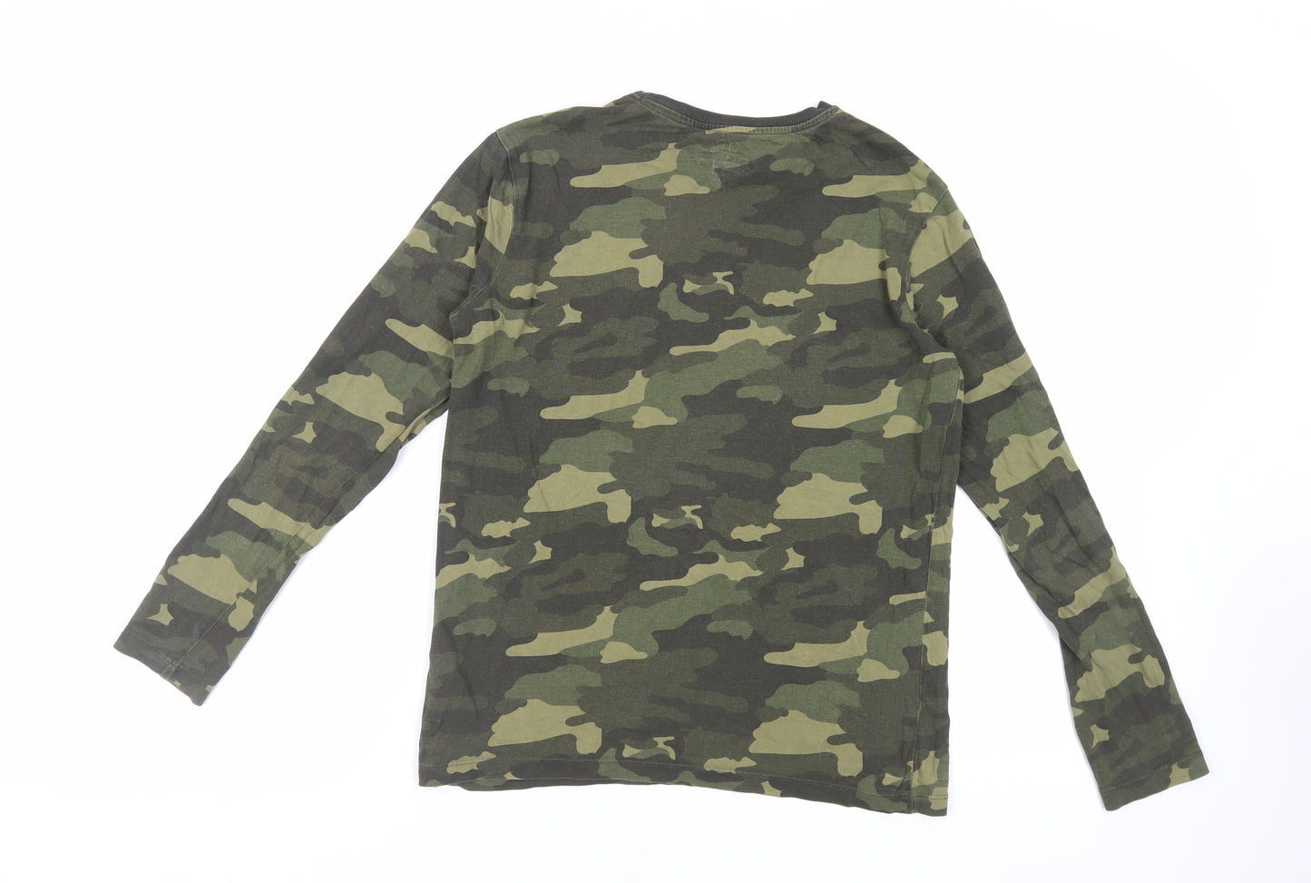 Marks and Spencer Boys Green Camouflage Cotton Pullover T-Shirt Size 13-14 Years Crew Neck Pullover