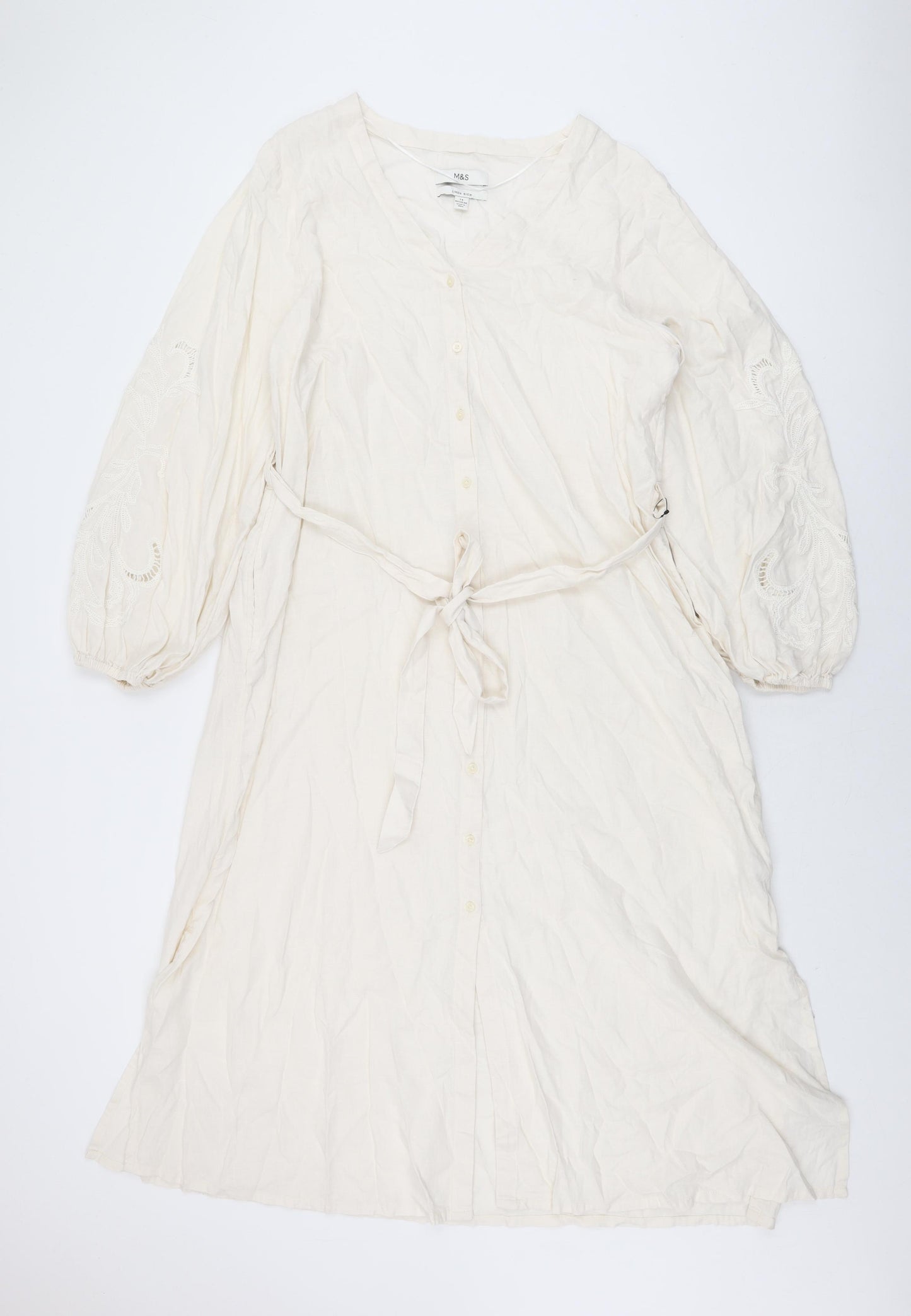 Marks and Spencer Womens Ivory Linen A-Line Size 14 V-Neck Button