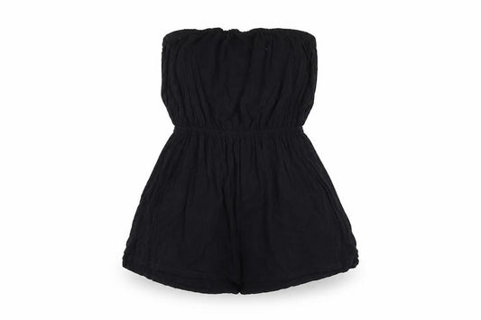 Front view of ASOS women’s black polyester playsuit one-piece, size UK 12, tie