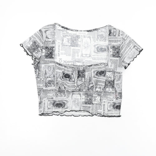 Topshop Womens White Geometric Polyester Cropped T-Shirt Size 10 Square Neck