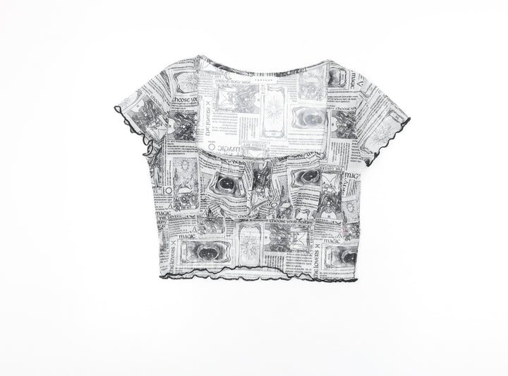 Topshop Womens White Geometric Polyester Cropped T-Shirt Size 10 Square Neck