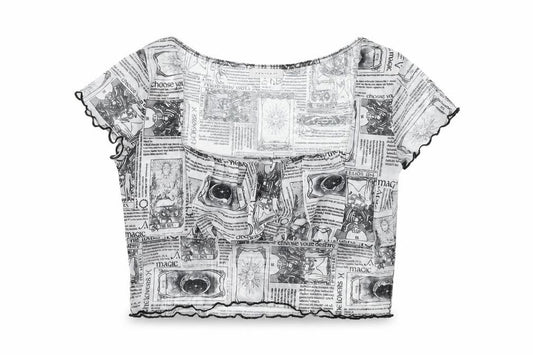 Front view of Topshop women’s white geometric polyester cropped t-shirt, size UK 10, square neck