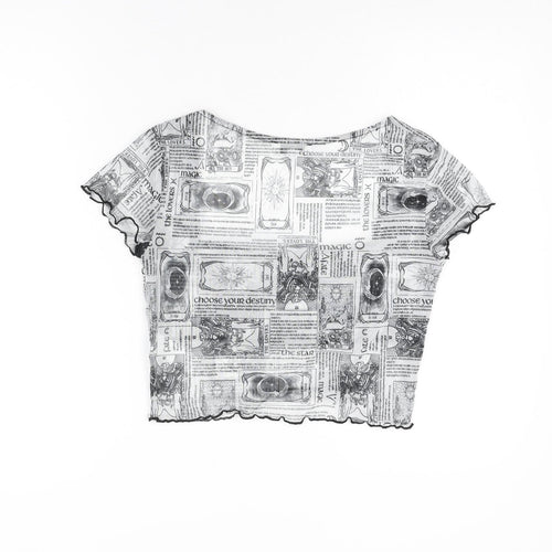 Topshop Womens White Geometric Polyester Cropped T-Shirt Size 10 Square Neck