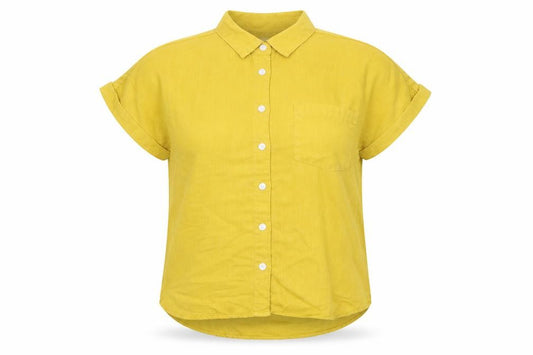 Front view of Sneak Peek women’s yellow lyocell basic button-up, size S, collared
