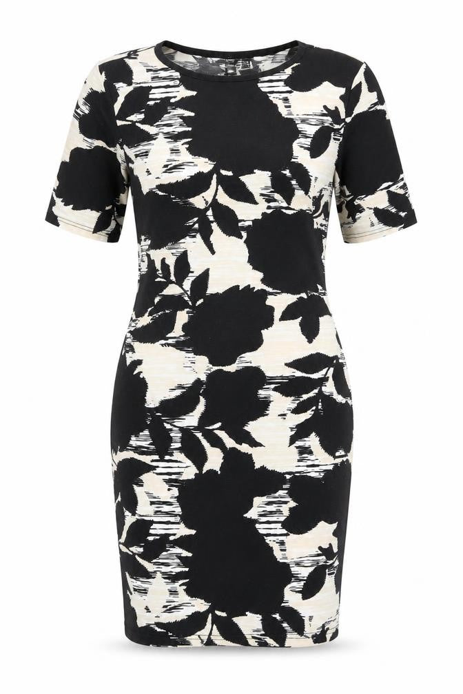 Front view of Topshop women’s black geometric polyester bodycon, size UK 12, round neck pullover