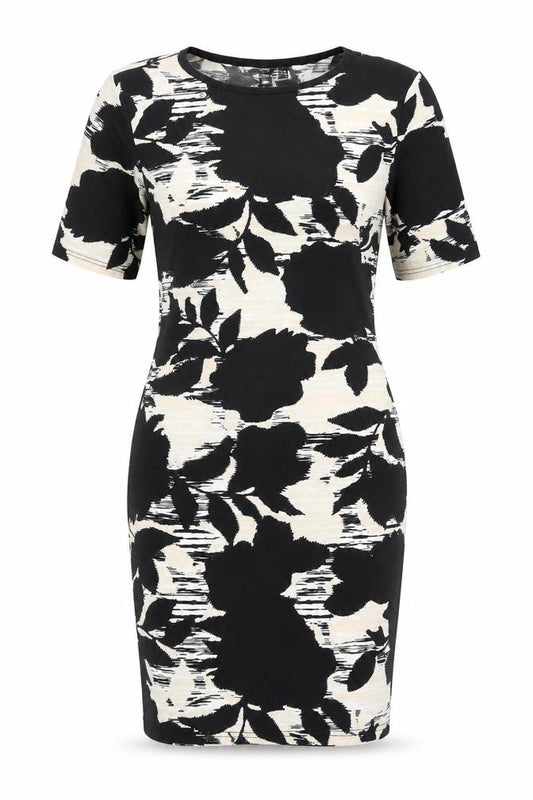 Front view of Topshop women’s black geometric polyester bodycon, size UK 12, round neck pullover