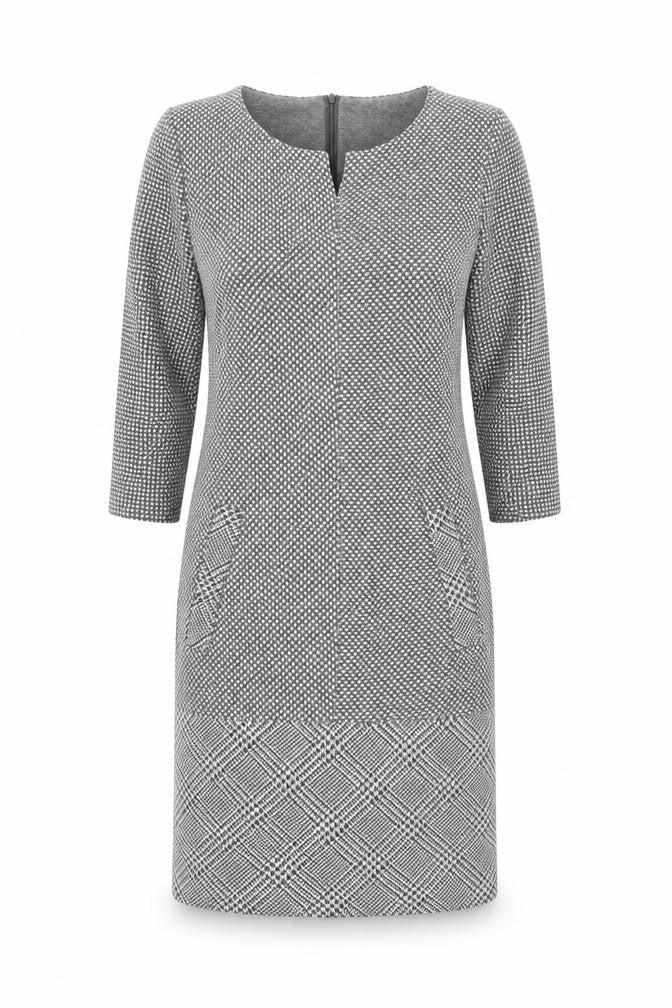 Front view of APANAGE women’s grey geometric polyester shift, size UK 12, round neck zip