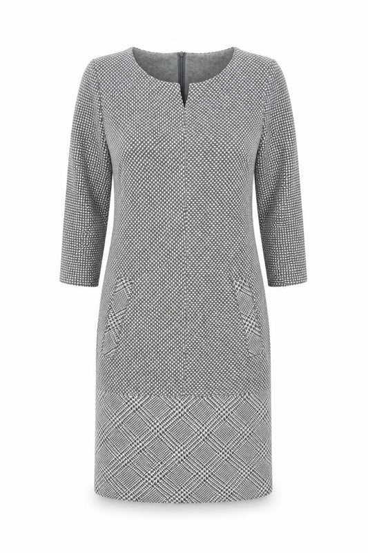Front view of APANAGE women’s grey geometric polyester shift, size UK 12, round neck zip