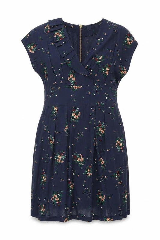 Front view of A/Wear women’s blue floral polyester shift, size UK 16, v-neck zip