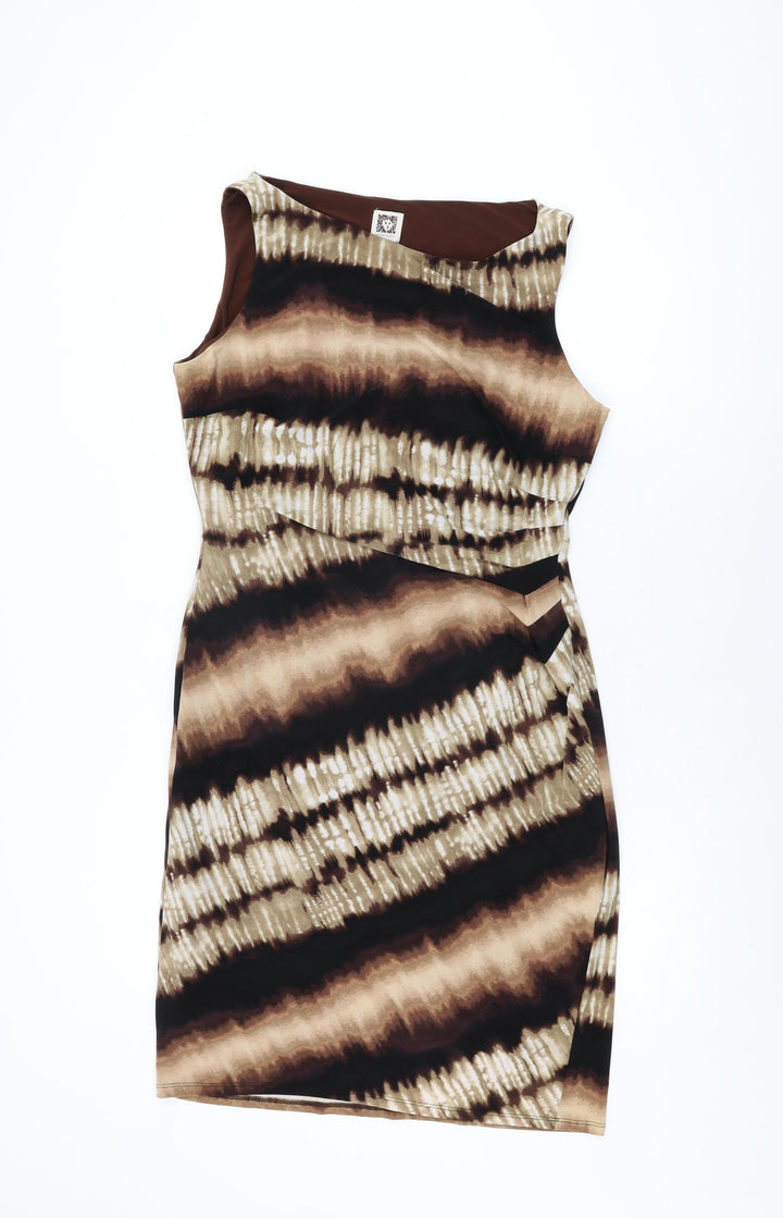Anne Klein Womens Brown Geometric Polyester Bodycon Size 12 V-Neck Pullover