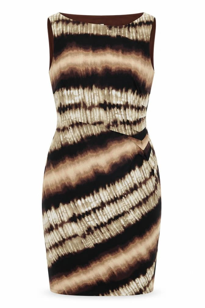 Front view of Anne Klein women’s brown geometric polyester bodycon, size UK 12, v-neck pullover